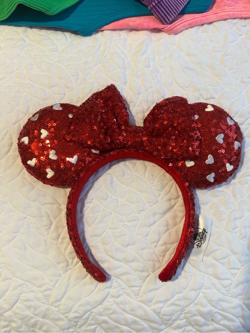 Disney Parks Red Sequin Minnie Mouse Ears White Hearts Valentine Headband
